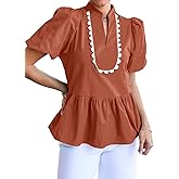 Cicy Bell Womens Puff Sleeve Peplum Blouses Ruffle V Neck Summer Casual Tops Babydoll Loose Fit Shirts