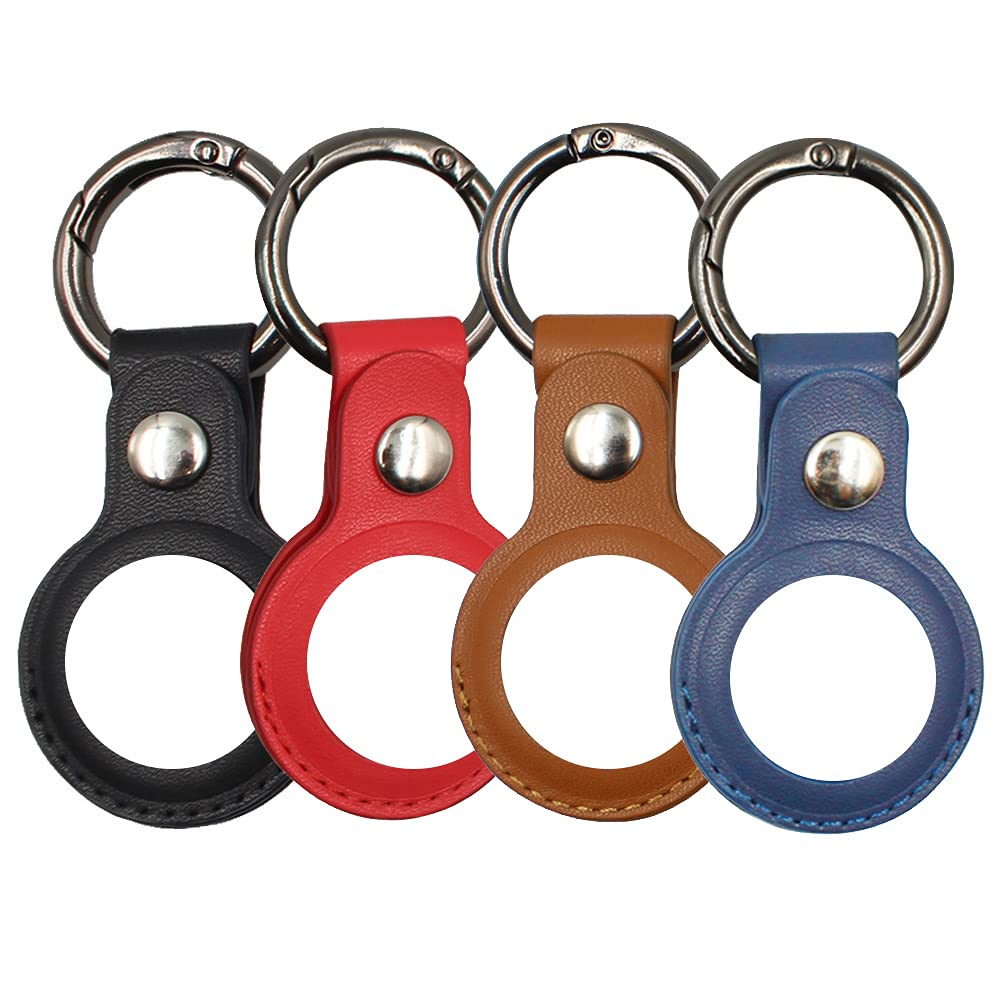 4 Pack Air Tag Leather Case, AirTags Tracker Cover Skin and Hard AirTag Keyring Protective Multi-Color AirTag Keychain for Car, Pet, Backpacks, Luggage (Double side opening 01)