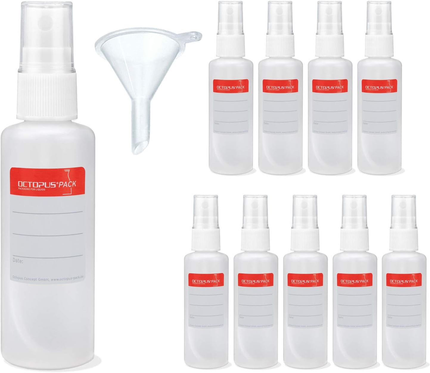 Octopus 10x 50 ml spray bottles with finger sprayer, HDPE plastic bottles with pump sprayer, incl. funnel + labels