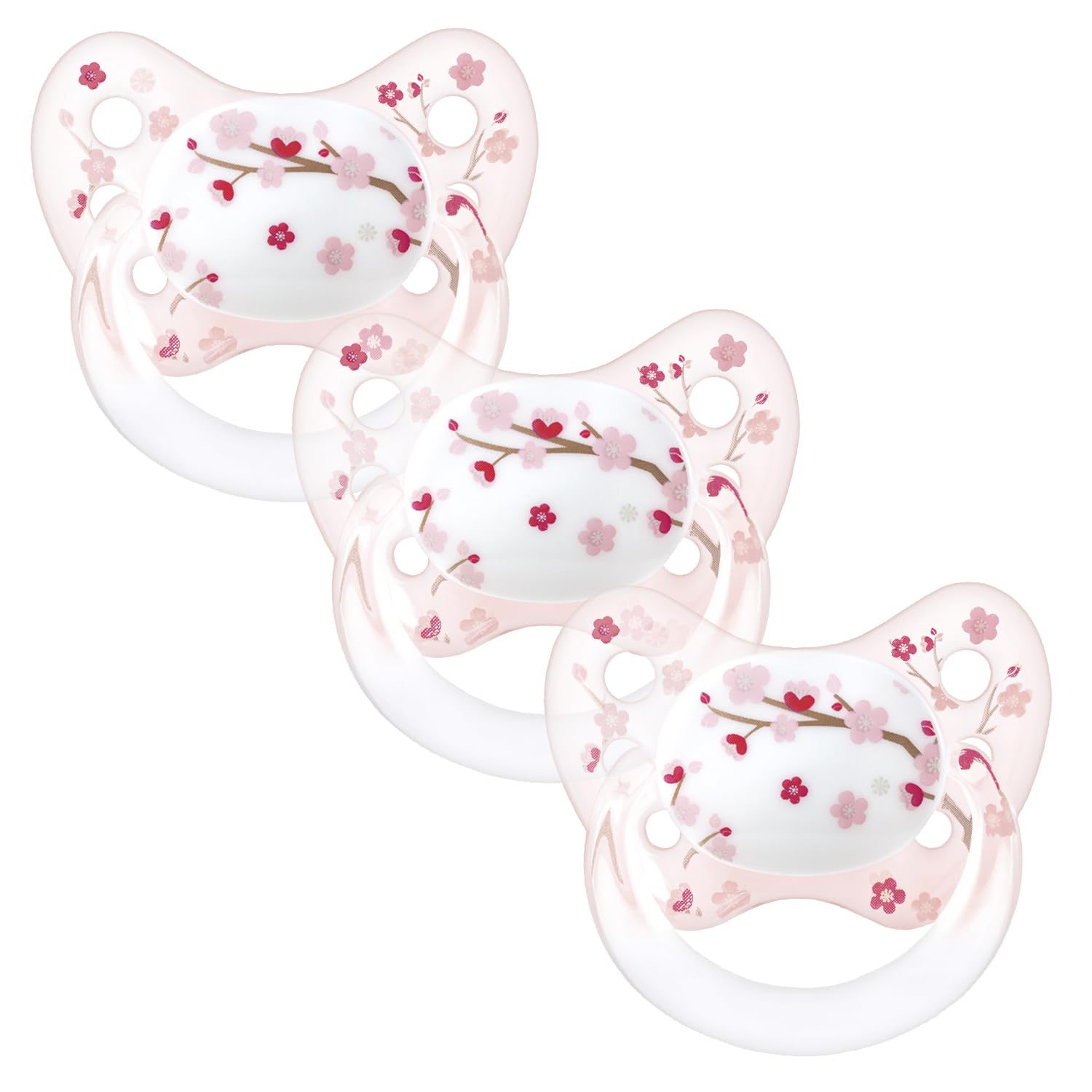 Dentistar Silicone Soother Set of 3 - Size 2, 6-14 Months - Tooth and Jaw Friendly Silicone Soother with Dental Step - BPA Free Baby Dummy - Made in Germany - Cherry Blossom Design