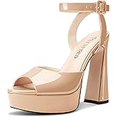 TNYNFBEB Womens Chunky Block High Platform Heel Peep Open Toe Sandals Ankle Strap Buckle Prom Dress Patent Leather 5.1 Inches Heels