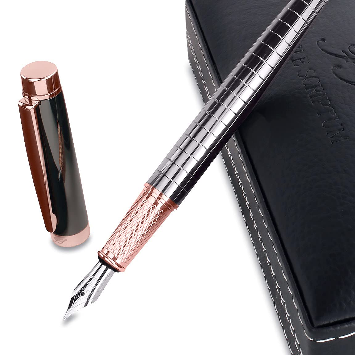 FACILE SCRIPTUM | Model Alice Rosé | Premium metal fountain pen with luxurious synthetic leather gift box | Rose gold & silver grey
