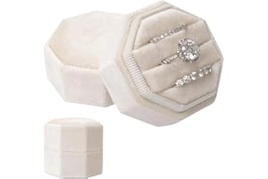 Gvhntk Velvet 3 Slots Jewelry Ring Box Vintage Octagon Ring Display Holder Gift Premium Gorgeous Case with Detachable Lid for Wedding Engagement Proposal Keepsake Ceremony (Beige)