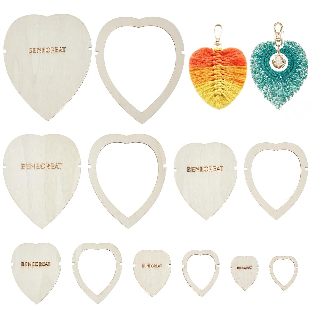 BENECREAT 12Pcs Wood Macrame Cutting Template, Heart and Feather Macrame Cutting Molds, Macrame Wall Hanging Cutting Tool for Making Macrame Feather Tassel, Craft DIY