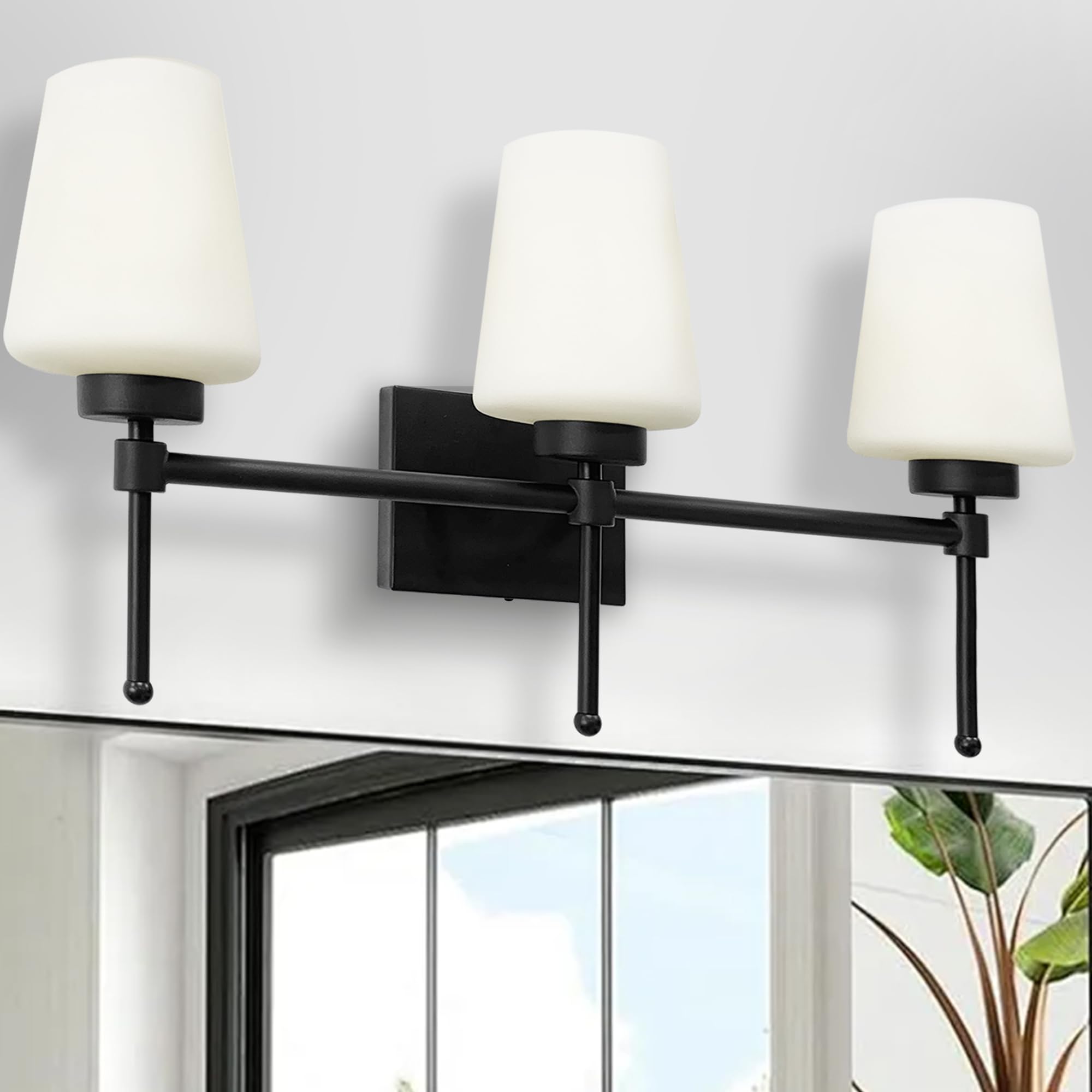 Photo 1 of ***FACTORY SEALED*** YHTlaeh Bathroom Vanity Light Fixtures Brushed Black Over Mirror with Milk Glass Shade Wall Sconce Lighting Lamp Bath 3-Lights (Exclude E26 Bulb)