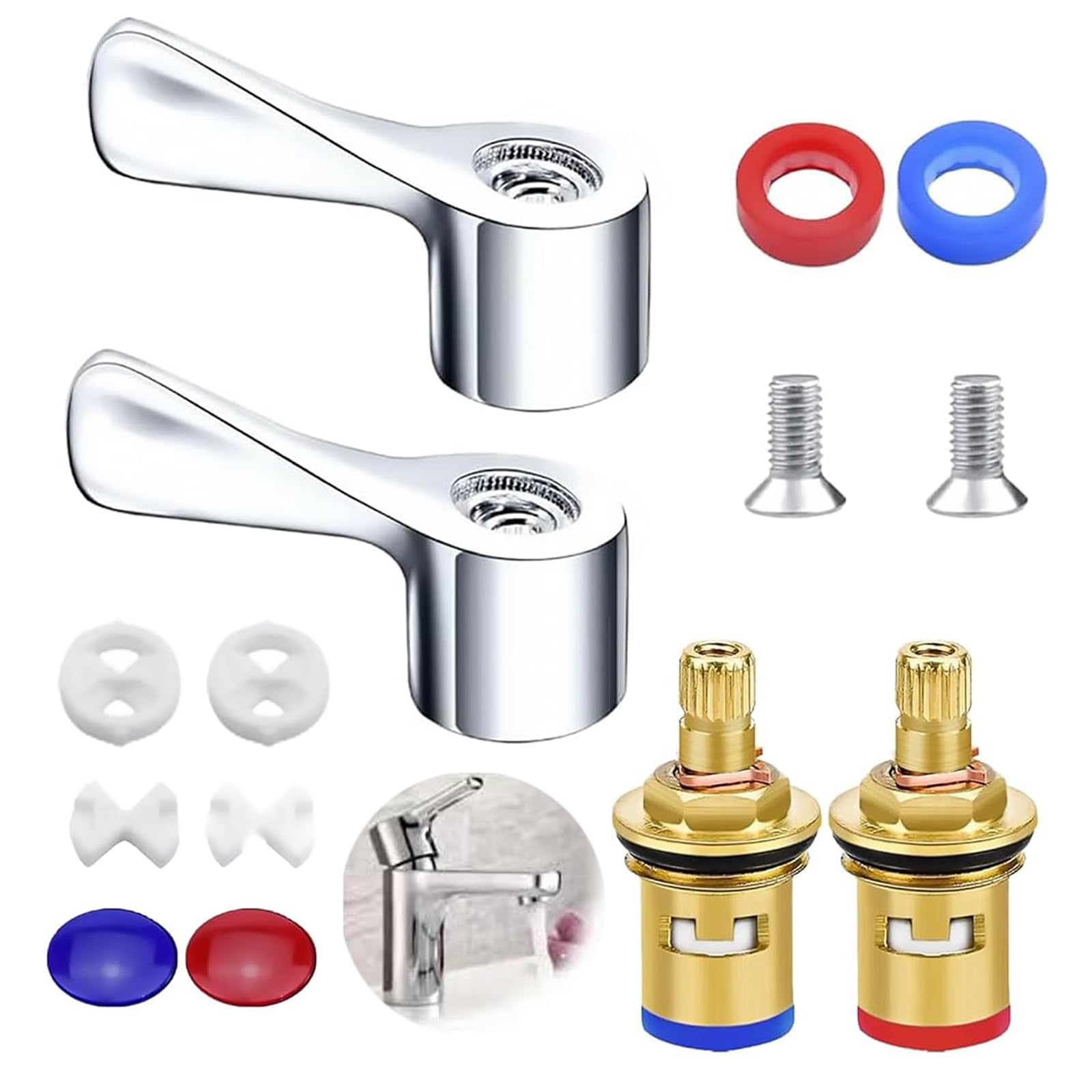 Amazleer Universal Tap Cartridge Replacement Kit, 2-Pack 1/2" Quarter Turn Valves with Red Blue Handles for Kitchen, Bathroom Sink Faucets Brass Cartridge (Modern)