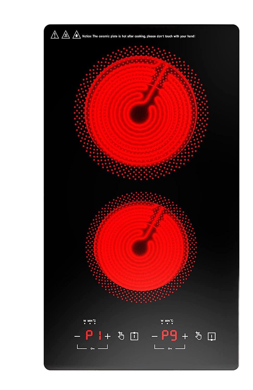 Electric Cooktop 2 Burners 2100W, 110v-120v Electric Stove Top 12 inch, Countertop & Built-in Cooktop, 20 Temperature 9 Power Levels, Child Lock, Timer, Over-Heat Protection