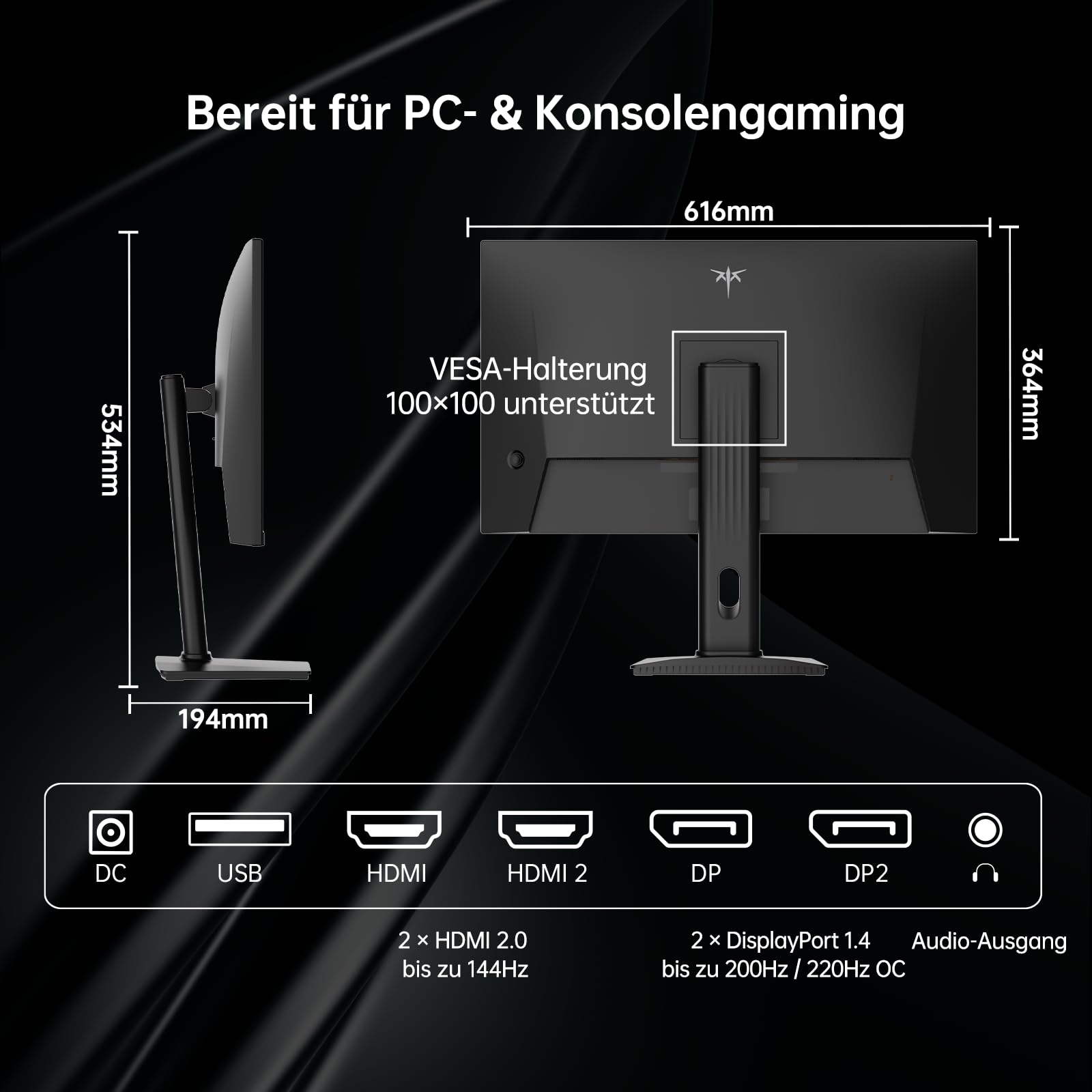 KTC Gaming Monitor 27 Zoll, QHD 2560×1440, 200Hz (OC 210Hz), Fast IPS, 1ms Reaktionszeit, HDR400, Adaptive Sync, 10-Bit Farbe, Höhenverstellbarer Stand, 2×DP 1.4, 2×HDMI 8
