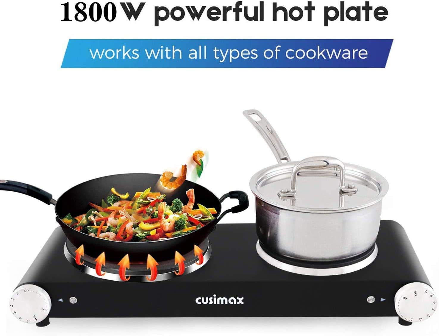 Cusimax Double Hot Plates, 1800W Double Burner, Portable Electric Hot Plate for Cooking, Countertop Cooktop, Cast Iron Stove, Heating Plate, Compatible with All Cookwares, Upgraded Version: Kitchen & Dining