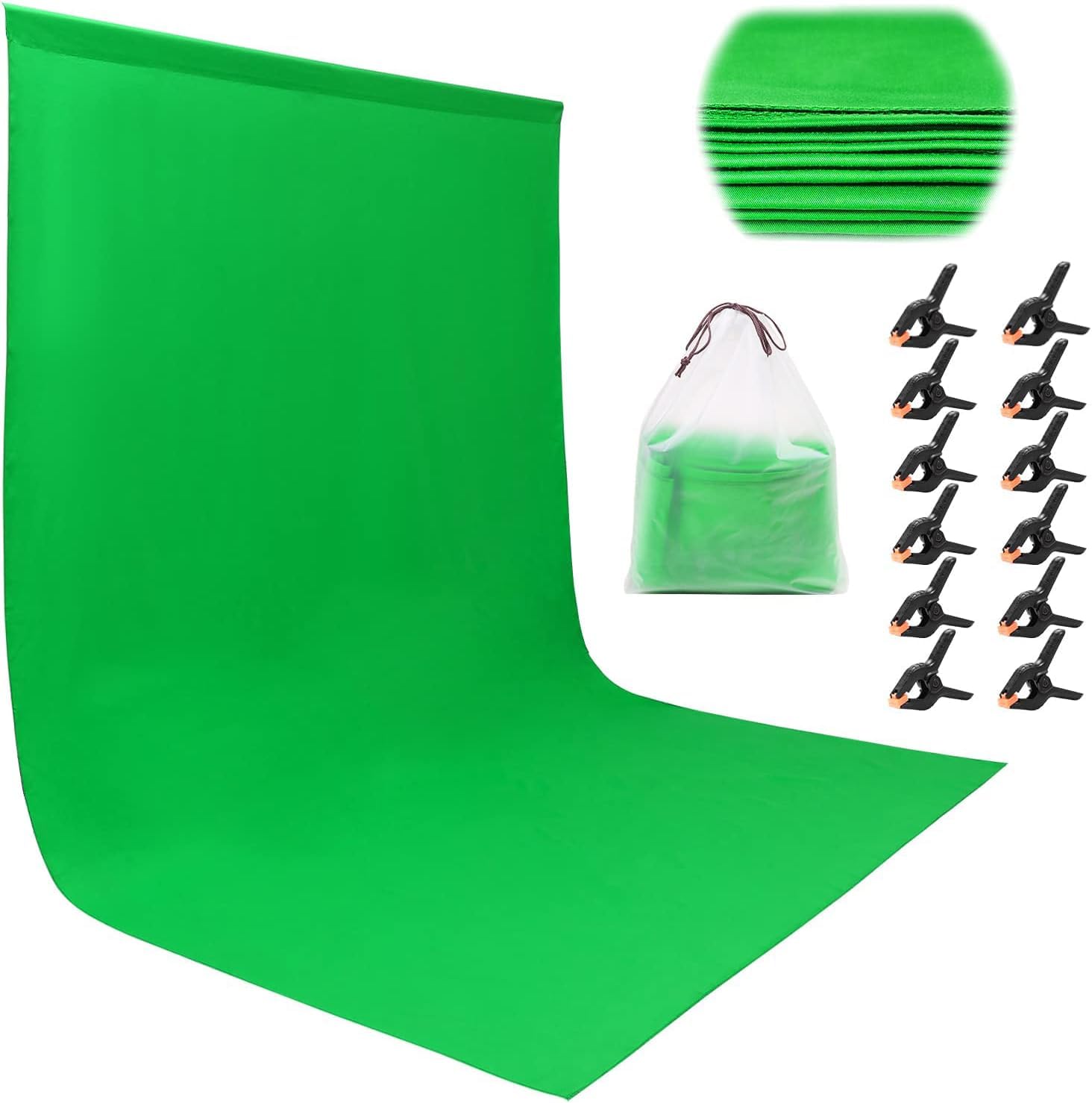 3×3.6mGreen Screen Background - Photography Backdrop - Portable Green Screen - Backdrop Curtain - Includes 12 Spring Clips and 1 Storage Pouch - Photo Studio Backgrounds - Green Material Fabric