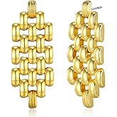 SNGIA 18K Gold Plated Chunky Statement Earrings for Women by SNGIA, Bold Drop Dangle Chain Link Rope Ribbed Barcelet Patterned Interlcok Rib Shape Drop Earrings, Handmade Exaggerated Irregular Vintage Boho Accessories, Unique Bohemian Trendy Fashion Thick Oval Jewelry Gifts