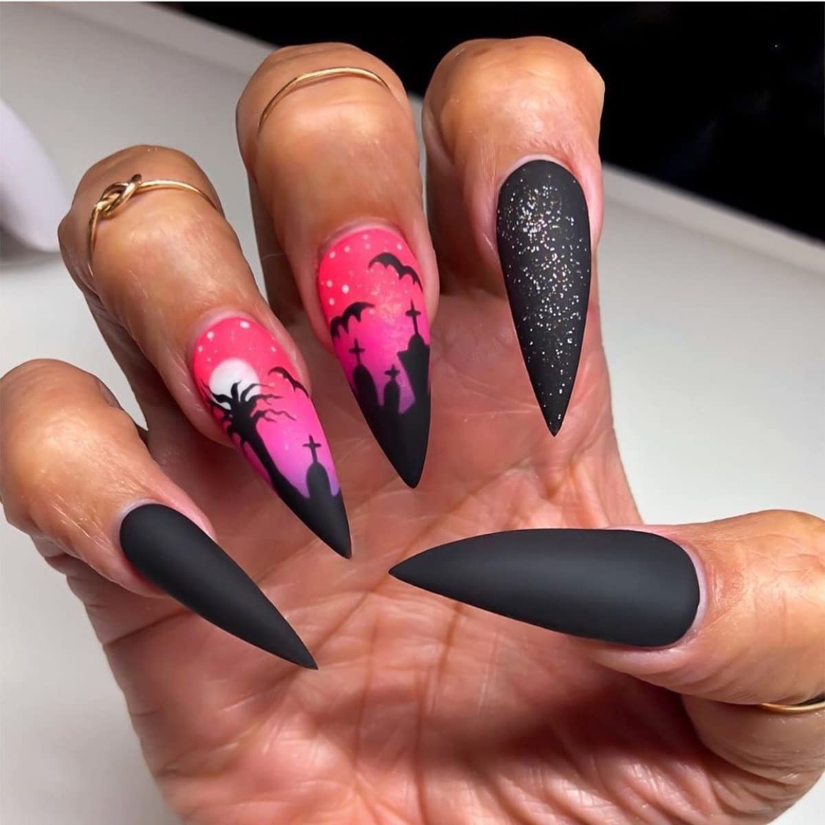 Photo 1 of Halloween Press on Nails Medium, Halloween Black Fake Nails Almond Acrylic Nails, Glossy Glue on Nails Black Bat False Nail with Design Halloween Nails for Women Girls Manicure Nail Decorations 24PCS