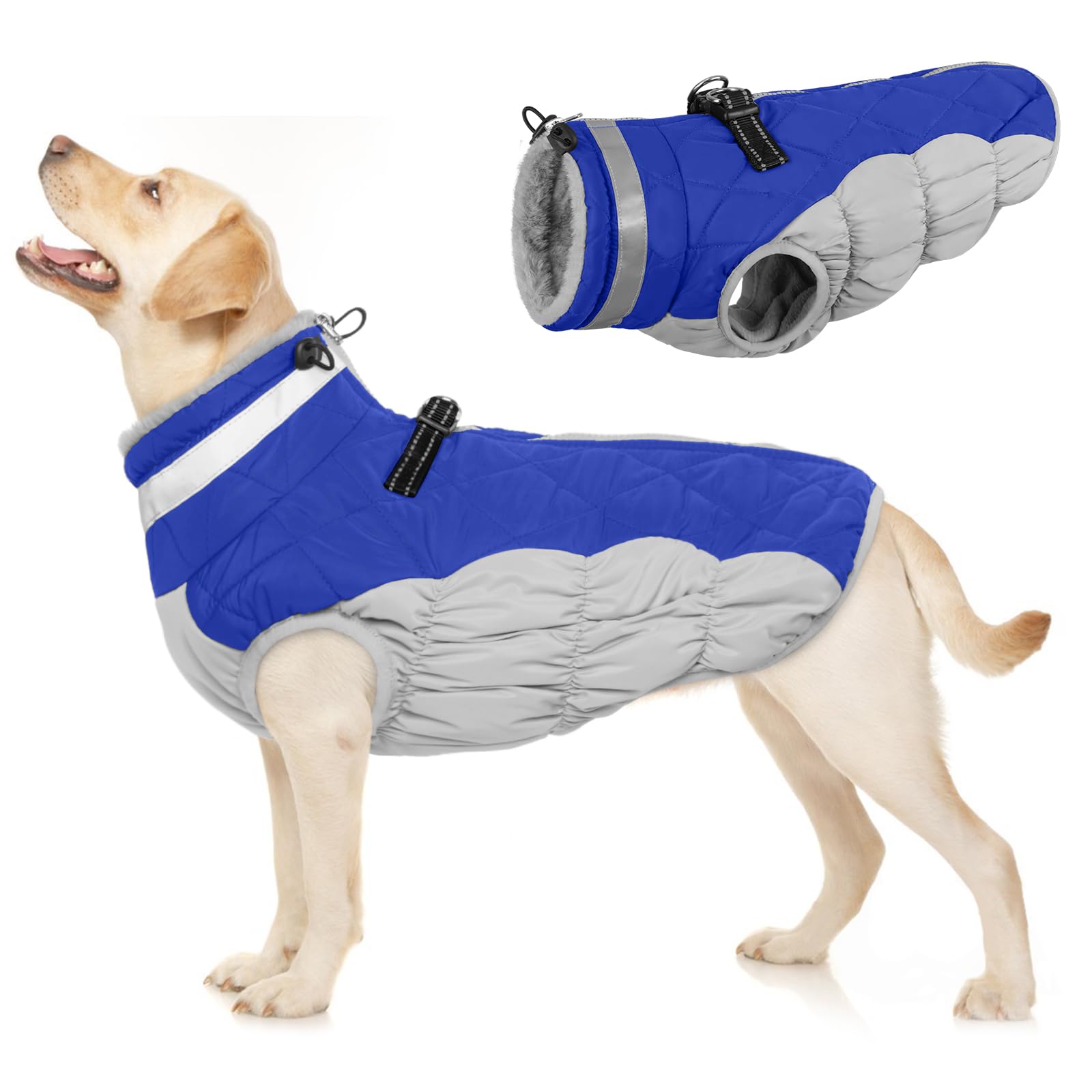 Dog Jacket with Harness Hole, Waterproof Warm Coat Winter Thickened Down Jacket Dog Fleece Jumper for French Bulldog Water-resistent Beneficial during Wet Weather(Blue, L) — image 1