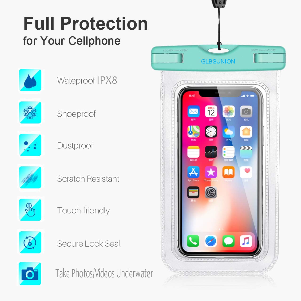 GLBSUNION Universal Waterproof Case, IPX8 Water Proof Phone Pouch Dry Bag Compatible for iPhone Xs Max/XR/X/8/8P/7/7P Galaxy up to 6.5\