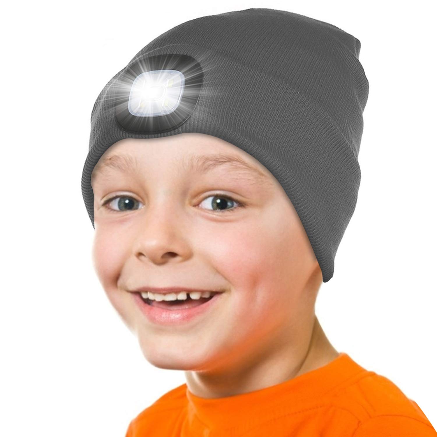 Attikee Kids LED Beanie with Headlamp - Rechargeable 4 LED Lighted Hat with Torch, Adjustable Brightness Winter Knit Cap for Cycling, Running, Camping, Night Walking for Boys & Girls Grey
