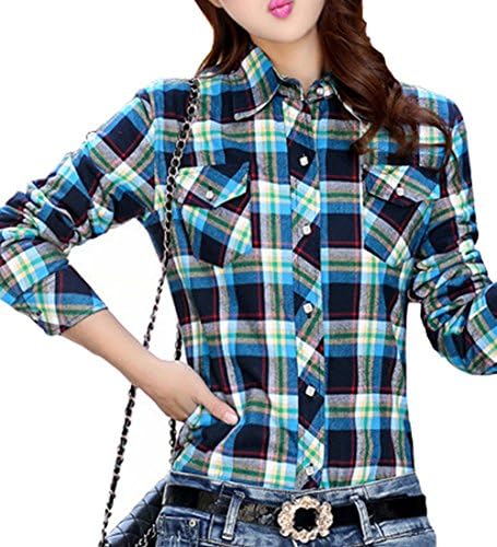 Totoship Long Sleeve Plaid Flannel Warm Shirt Fleece Lined Blouse Up, Blue Green 1, ( US 6=Asia XXL )