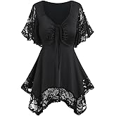 ROSE GAL Women's Plus Size Flower Lace T-Shirt Curve Flower Lace Insert Criss Cross Batwing Sleeve Handkerchief Top