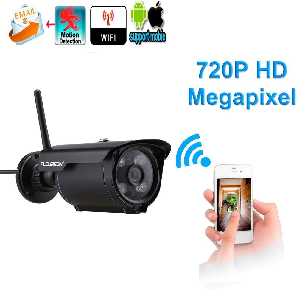 FLOUREON Caméra IP HD 720p sans Fil Etanche Vision Nocturne Caméra de sécurité WiFi ONVIF IR-Cut Support Détection du Mouvement Alarme Mail/Téléphone Accès à Distance PC Phone P2P Noir SP007