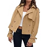 Tankaneo Womens Cropped Trench Coat Oversized Double Breasted Lapel Long Sleeve Short Jacket Fashion Outerwear