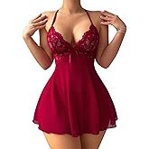 Foxiny Sexy Backless Floral Lace Mesh Sheer Babydoll Lingerie Dress Set with Thong 2 Piece