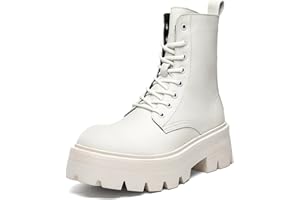 HDEBCK Men's Leather Platform Lace Up Combat Boots Fashion Side Zipper Chunky Heel Lug Sole Motorcycle Boots Anti-Slip High Top Biker Ankle Booties