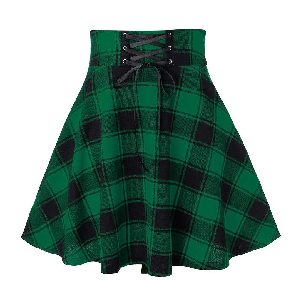 jin＆Co Women's High Waist Drawstring Plaid Ruffle Versatile Pleated A Line Short Mini Skirt