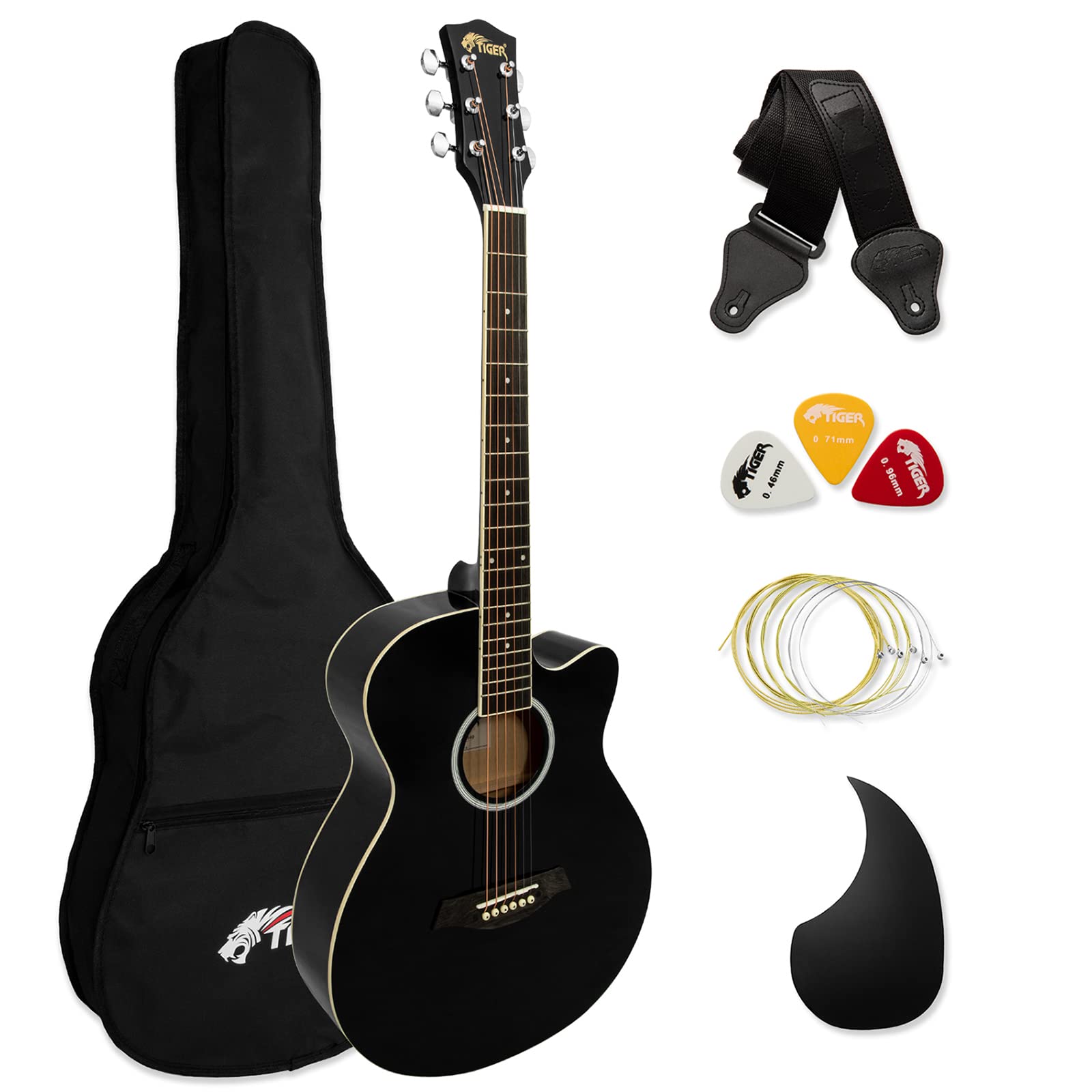 TIGER ACG3-BK Full Size Acoustic Guitar Package - Beginners Guitar Pack with Gig Bag, Strap and Spare Strings - Black - Now with 6 Months Free Lessons Included