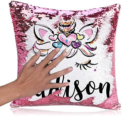 Xiaowli Personalized Unicorn Sequin Pillow, Custom Mermaid Pillow Magic Reversible Sequin Pillows Unicorn Gifts for Girls (B Unicorn-Light Pink)