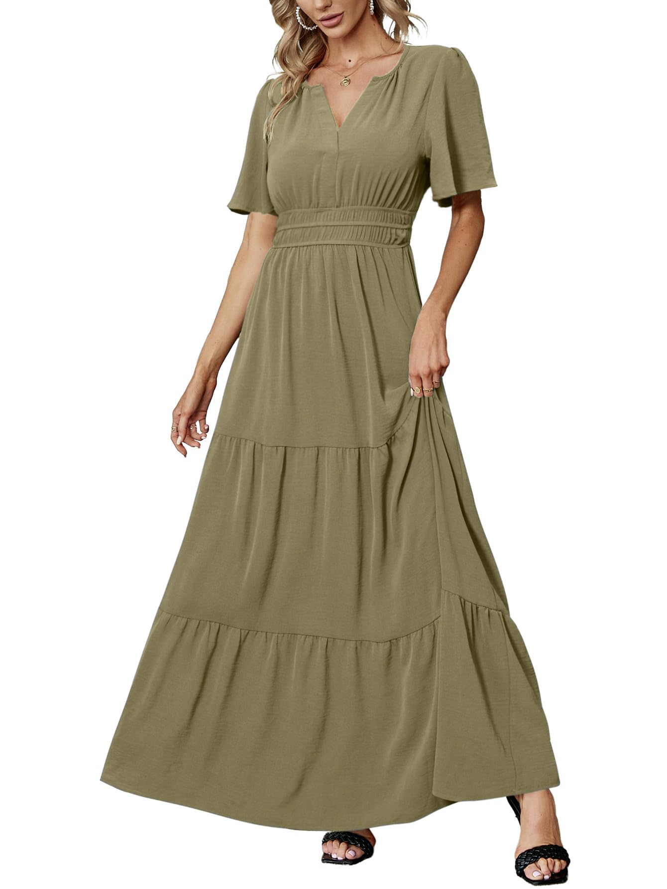 Amegoya Women's Summer Boho Maxi Dresses Casual V Neck Short Sleeve A-line Empire Waist Long Flowy Beach Dress (Olive Green S) Image