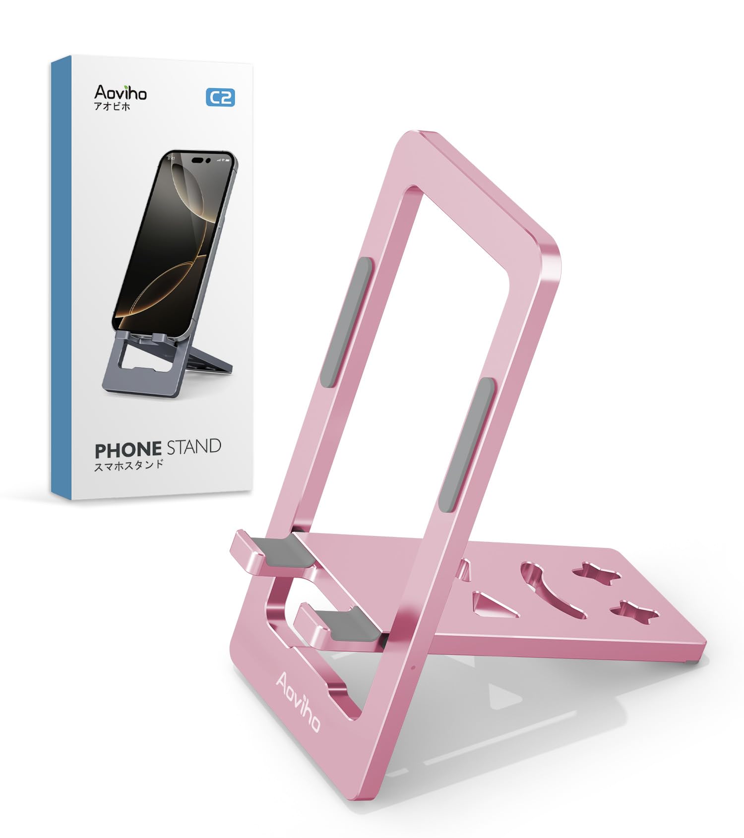 Aoviho Phone Stand for Desk, Ultra-Thin Foldable Aluminum Phone Holder, Portable Travel & Office Cell Phone Stand Compatible with iPhone 17 16 15 14 13 12 Pro Max, Fits 3.7"-7" Devices, Pink