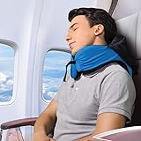 LANGRIA 6-in-1 Memory Foam Neck Support Travel Pillow with Detachable Hood Adjustable Neck Size for All Ages Side Elastic Pocket Neck Travel Cushion for Plane Train Car Bus Office (Blue)