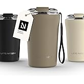 LARS NYSØM Thermo Coffee Mug to go with Strap 13oz | Travel Mug 0.38 Liter with Insulation | Leak Proof Stainless Steel Thermal Tumbler for Coffee and Tea to Go (Taupe Brown, 12.9oz)