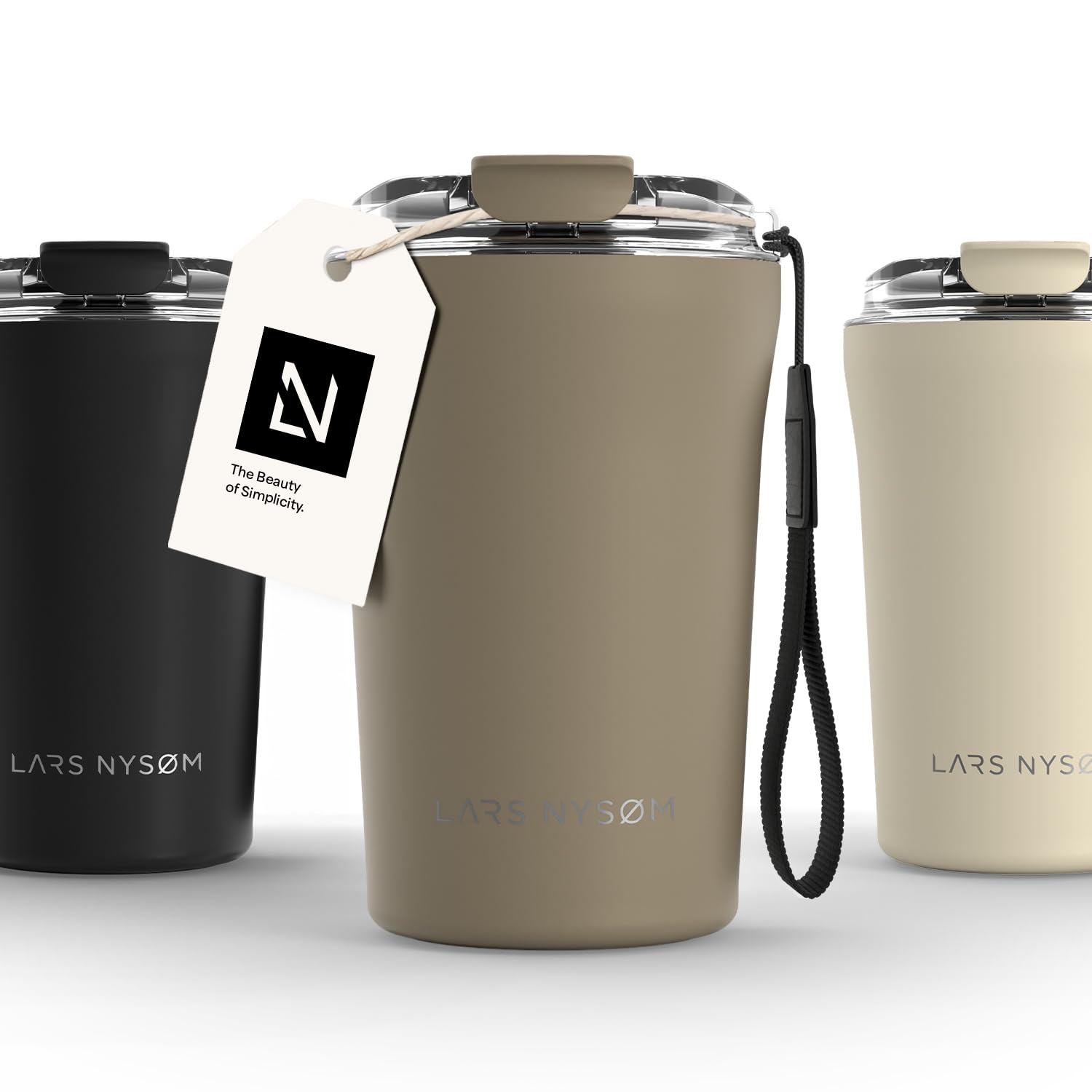 LARS NYSØM Thermo Coffee Mug-to-go with Strap 13oz | Travel Mug 0.38 Liter with Insulation | Leak Proof Stainless Steel Thermal Tumbler for Coffee and Tea to Go (Taupe Brown, 380ml)
