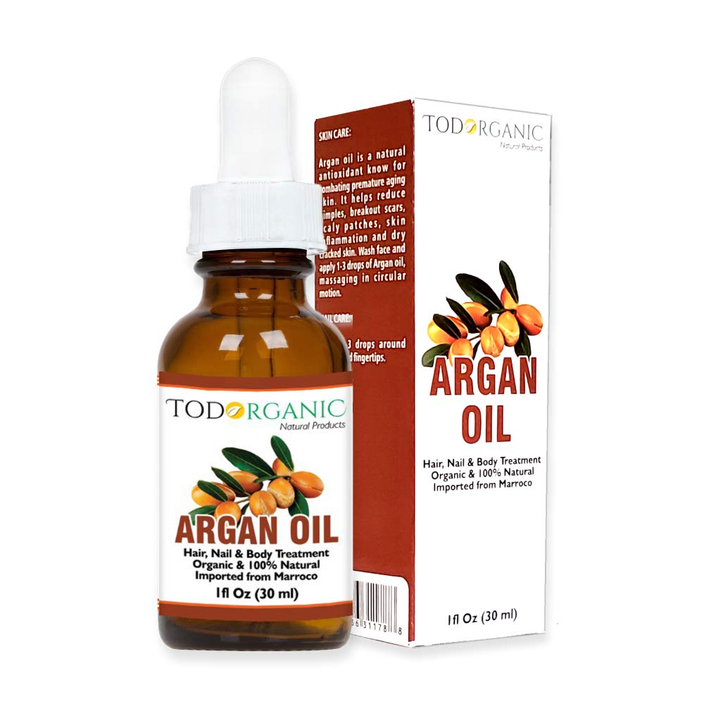 Aceite Marroquí de Argán 100% Puro y Orgánico del USDA Para El Pelo, La Piel, La Cara y Las Uñas, 1 onza de Aceite de Argán, Es Todo 100% Natural, Prensado en Frío del Arbol Originario de Argan al sur-oeste de Marruecos. No hay productos químicos añadidos y seguro para todo tipo de cabello, la piel y el cuerpo. Es un fuerte contraste con las fórmulas cosméticas por TODORGANIC