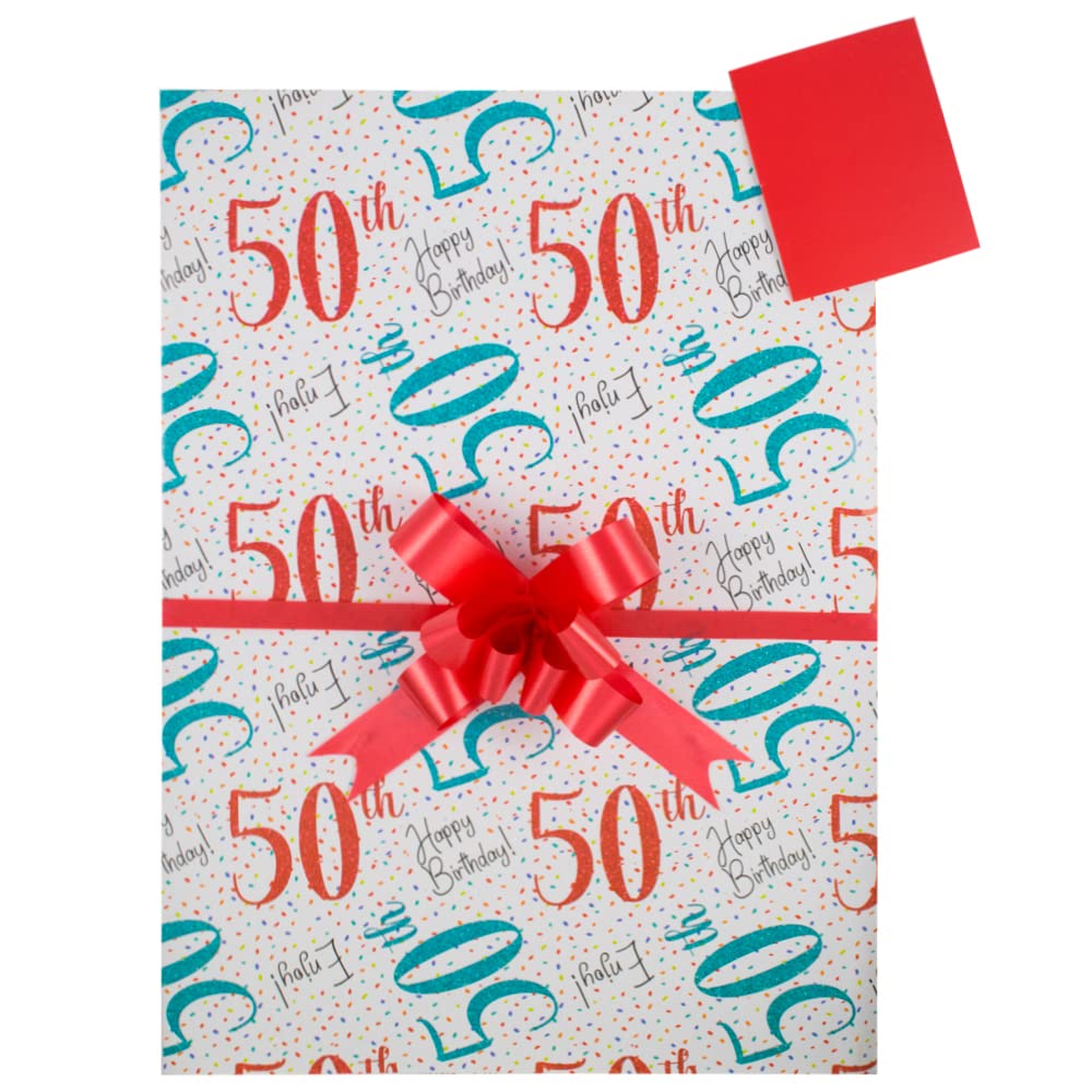 50th Birthday 50 Fifty Gift Wrap Pack, 2 Wrapping Paper Sheets, 2 Red Tags and 2 Red Pull Bows, Arrives in an A4 boarded envelope for protection, Male Female Fiftieth Birthday Gift Present