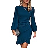 YNIQUE Women's Long Sleeves Dress 2025 Zipper Bodycon Mini Dress Ruffle Hem Round Neck Cocktail