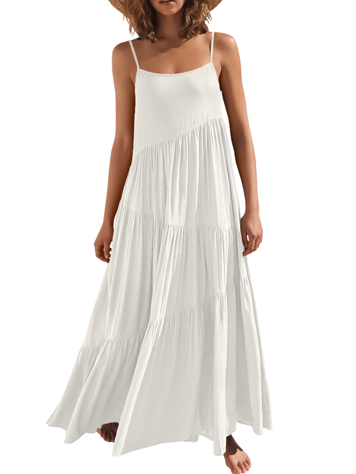 Photo 1 of **SIMILAR**ANRABESS Women Summer Casual Loose Sleeveless Sundress Spaghetti Strap Flowy Boho Linen Beach Vacation Maxi Long Dress Beige Small