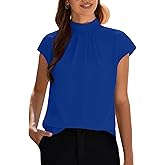 Funlingo Womens Summer Tops Mock Neck Short Cap Sleeve Blouses Business Casual Work Chiffon Shirts Front Pleated Tunic Top