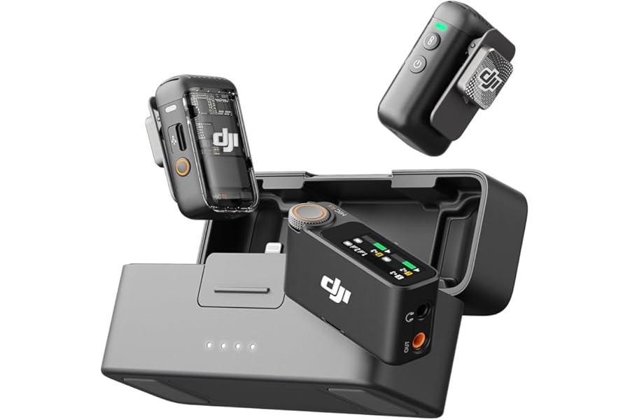 DJI Mic 2 (2 TX + 1 RX + Charging Case), All-in-one Wireless Microphone, Intelligent Noise Cancelling, 32-bit Float Internal Recording, 250m (820 ft.) Range, Microphone for iPhone, Android, Camera