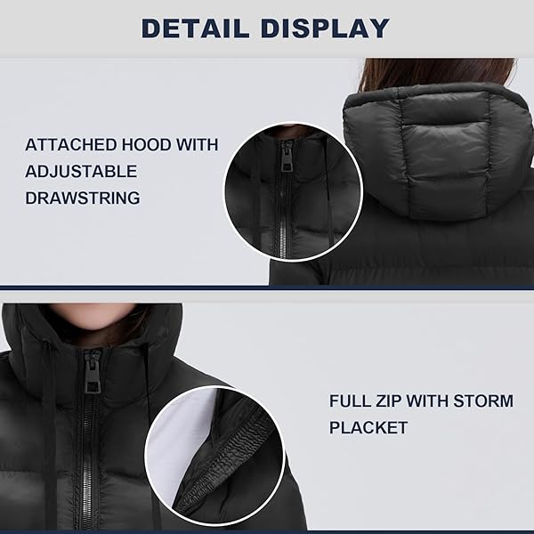 SLOWTOWN WOMEN’S PUFFER JACKET LIGHTWEIGHT HOODED PUFFY COAT MID-LENGTH WARM LONG PUFFER COAT (DEEP BLACK, X-LARGE)