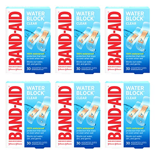 band-aid brand water block vendas adhesivas estériles impermeables transparentes para el cuidado de heridas de primeros auxilios de cortes y raspaduras menores, varios tamaños, 30 u 