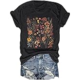Women's Boho Flower T Shirt Vintage Flowers Printed Shirt Colorful Wildflower Graphic Tee Casual Botanical Short Sleeve