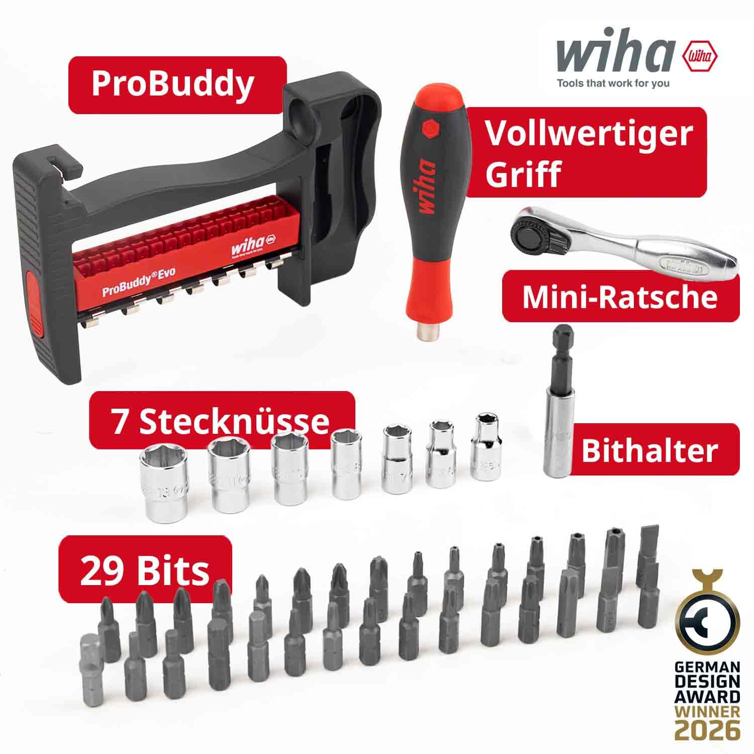 Wiha ProBuddy® Evo 40-tlg. Bit- & Steckschlüssel-Set 1/4" SoftFinish Schraubendrehergriff, Mini-Ratsche 72 Zähne, magnetischer Bithalter I Kompaktes Werkzeugset für Profi, Heimwerker, Fahrrad (46960) 2