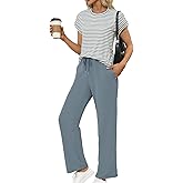 Glamaker Women's 2 Piece Sets Striped Summer Outfits Short Sleeve Shirts Wide Leg Pants Casual Lounge Sweatsuits