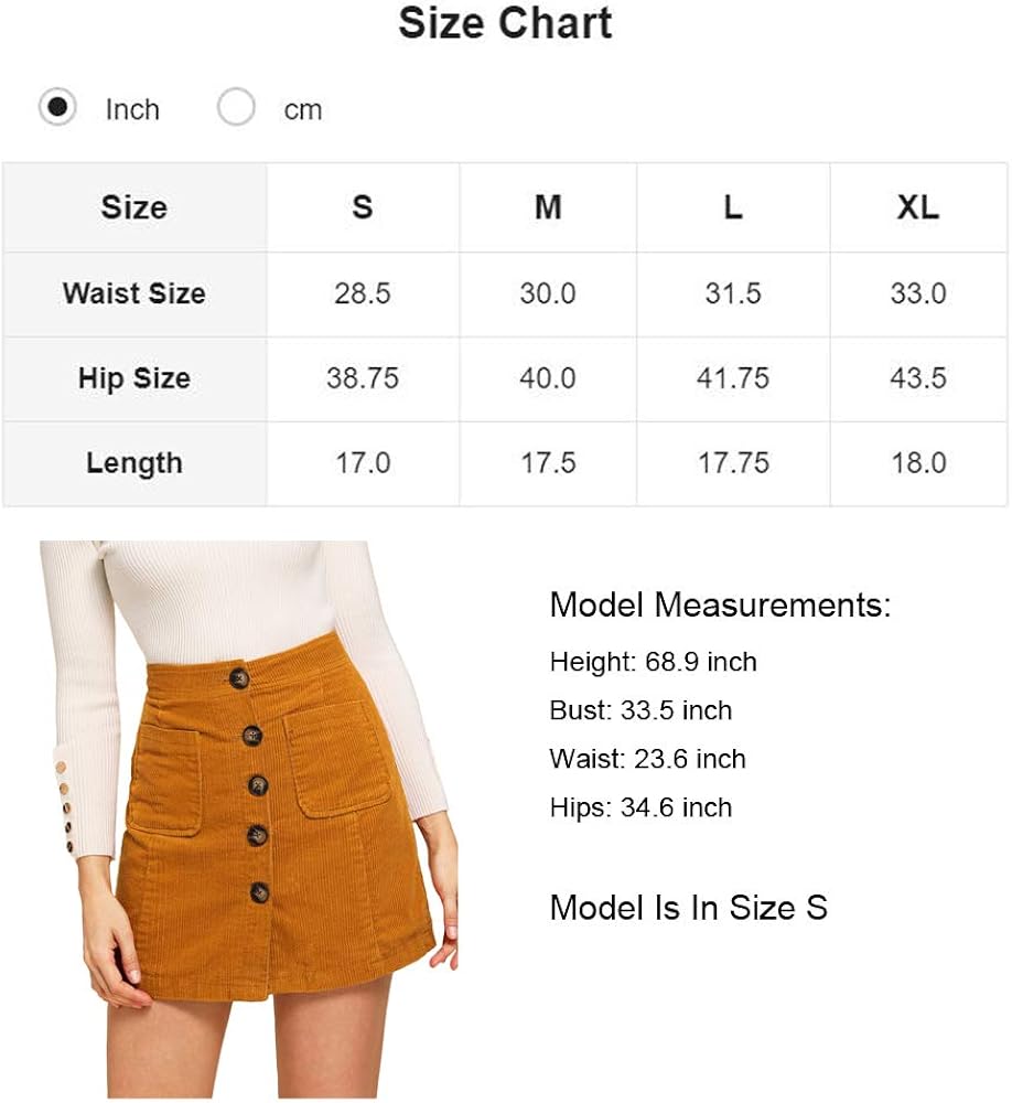 WDIRARA Women's Mid Waist Corduroy A-line Slim fit Button Casual Mini Skirt: Clothing