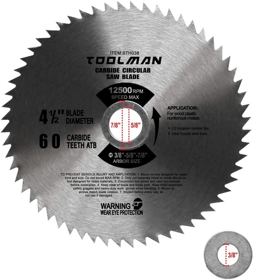 Toolman 4-1/2" 60T Carbide Circular Saw Blade 12500RPM for cutting wood plastic nonferrous metal STH038