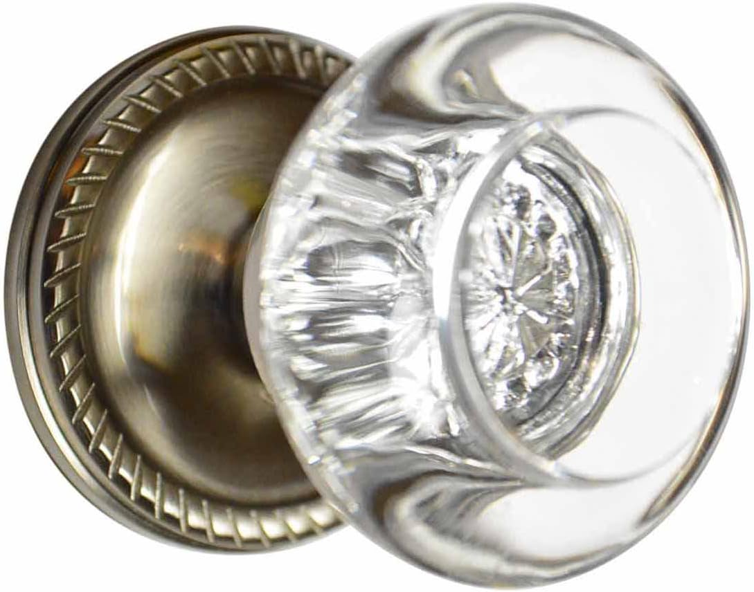 Round Crystal Door Knob Set with Roped Rosettes in Brushed