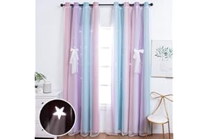 UNISTAR 2 Panels Blackout Curtains for Kids Girls Bedroom Aesthetic Living Room Decor Colorful Double Layer Star Cut Out Stripe Pink Rainbow Window Wall Home Decoration,W52 x L63 Inches