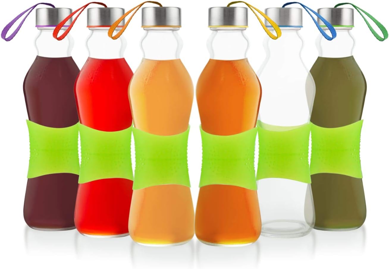 GLÈUR Reusable Glass Beverage Bottles, with A Green Strip