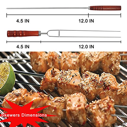 POLIGO 10PCS BBQ Skewers Set - Flat Stainless Steel Metal Grilling BBQ Stick Shish Kebab Kabob Skewers With Wooden Handle - set of 10 in Handy Storage Pouch with Basting Pastry Brush